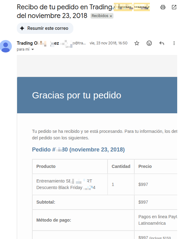 Recibo de pago de formación en trading, 2018